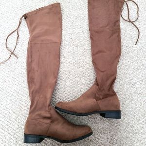 Taupe thigh high suede boots